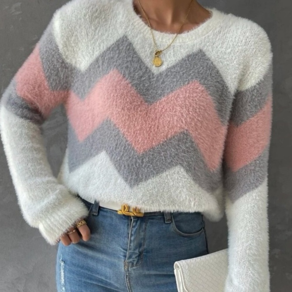New color block zig zag pattern long sleeve sweater - Picture 1 of 5